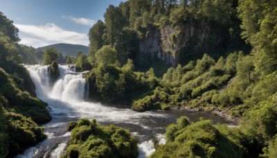 outdoors,sky,day,cloud,water,tree,blue sky,no humans,nature,scenery,forest,mountain,river,waterfall,landscape,cliff,moss