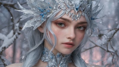 1girl,solo,long hair,looking at viewer,hair ornament,brown eyes,jewelry,closed mouth,green eyes,white hair,grey hair,outdoors,parted lips,choker,artist name,blurry,tree,lips,eyelashes,depth of field,blurry background,tiara,gem,portrait,snow,freckles,snowing,realistic,winter,bangs,grey eyes,expressionless,close-up,nose,branch,red lips,bare tree