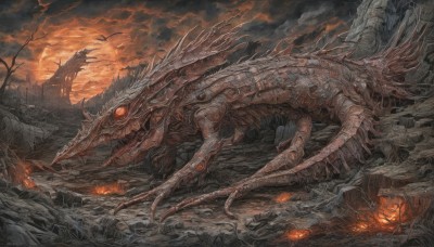 red eyes,tail,outdoors,horns,sky,teeth,cloud,tree,no humans,glowing,cloudy sky,fire,building,scenery,science fiction,monster,fantasy,dragon,ruins,molten rock,open mouth,wings,sharp teeth,scales