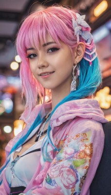 1girl,solo,long hair,breasts,looking at viewer,smile,bangs,shirt,hair ornament,jewelry,medium breasts,blue hair,jacket,white shirt,upper body,pink hair,flower,multicolored hair,earrings,small breasts,parted lips,open clothes,teeth,artist name,hair flower,hood,necklace,grin,blurry,black eyes,two-tone hair,open jacket,lips,eyelashes,aqua hair,gradient hair,makeup,depth of field,blurry background,floral print,eyeshadow,freckles,realistic,nose,pink jacket,bokeh,mascara,brown eyes,braid,piercing