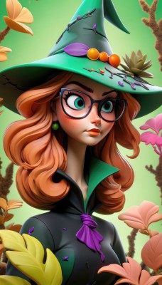 1girl,solo,long hair,breasts,blush,brown hair,hat,dress,jewelry,medium breasts,closed mouth,green eyes,upper body,flower,earrings,glasses,artist name,orange hair,lips,gradient,gradient background,ascot,eyelashes,makeup,witch hat,leaf,looking away,thick eyebrows,plant,lipstick,eyeshadow,freckles,green background,black-framed eyewear,curly hair,high collar,nose,green headwear,round eyewear,witch,signature,black dress,aqua eyes,watermark,bug,web address