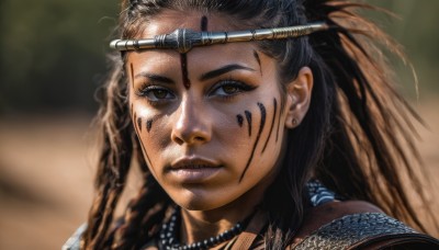 1girl,solo,long hair,looking at viewer,brown hair,black hair,brown eyes,jewelry,closed mouth,earrings,dark skin,necklace,blurry,dark-skinned female,lips,depth of field,blurry background,facial mark,portrait,freckles,realistic,nose,facepaint,tribal,yellow eyes,headband,close-up,circlet