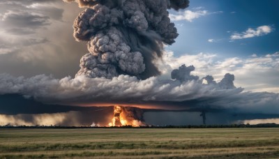 outdoors,sky,day,cloud,tree,no humans,cloudy sky,grass,fire,scenery,smoke,sunset,field,landscape,1girl,solo,standing,blue sky,animal,cat,dog