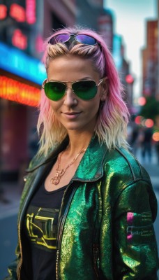 1girl,solo,long hair,breasts,looking at viewer,smile,blonde hair,shirt,jewelry,closed mouth,jacket,upper body,pink hair,multicolored hair,earrings,outdoors,open clothes,dark skin,medium hair,necklace,blurry,two-tone hair,open jacket,dark-skinned female,lips,black shirt,gradient hair,makeup,depth of field,blurry background,piercing,sunglasses,lipstick,clothes writing,eyewear on head,green jacket,city,realistic,nose,hands in pockets,stud earrings,tinted eyewear,purple-tinted eyewear,day,tattoo,building,ear piercing,forehead,leather,nose piercing,aviator sunglasses