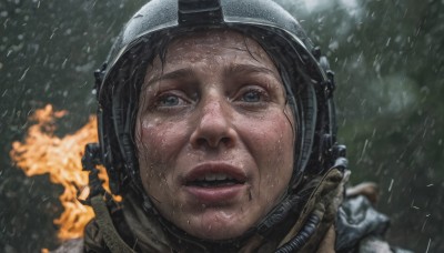 1girl,solo,looking at viewer,blue eyes,brown hair,black hair,teeth,blurry,lips,military,blurry background,helmet,portrait,snow,rain,realistic,explosion,dirty,spacesuit,dirty face,parted lips,fire,close-up,freckles