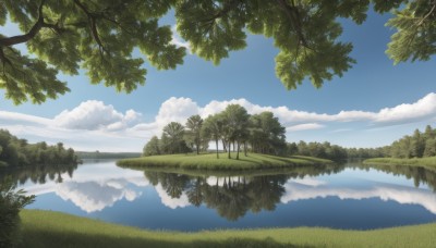 outdoors,sky,day,cloud,water,tree,blue sky,no humans,cloudy sky,grass,nature,scenery,forest,reflection,river,landscape,lake,reflective water,horizon