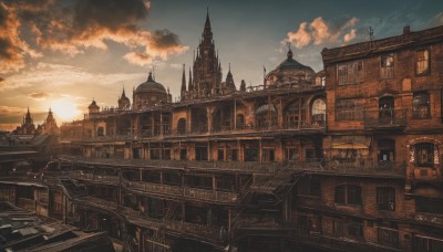 outdoors,sky,cloud,no humans,window,sunlight,cloudy sky,building,scenery,sunset,stairs,city,fantasy,railing,cityscape,architecture,house,bridge,tower,rooftop,town,clock tower,tree,blue sky,arch,chimney