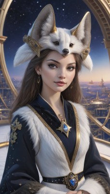 1girl,solo,long hair,looking at viewer,smile,brown hair,long sleeves,hat,dress,animal ears,brown eyes,jewelry,closed mouth,upper body,earrings,outdoors,sky,belt,wide sleeves,necklace,lips,fur trim,night,ring,own hands together,gem,star (sky),night sky,starry sky,gold trim,realistic,nose,red lips,cityscape,fur-trimmed sleeves,animal hat,fur,city lights,pelt,artist name,signature,watermark,web address