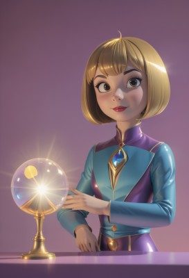 1girl,solo,looking at viewer,smile,short hair,bangs,blonde hair,simple background,brown hair,long sleeves,dress,brown eyes,closed mouth,upper body,ahoge,shiny,artist name,shiny hair,lips,gradient,gradient background,makeup,bob cut,lipstick,gem,purple dress,eyeshadow,purple background,red lips,belt