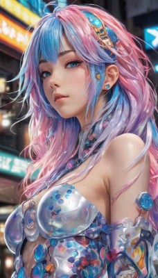 1girl,solo,long hair,breasts,looking at viewer,bangs,blue eyes,bare shoulders,jewelry,medium breasts,blue hair,upper body,pink hair,multicolored hair,hairband,earrings,parted lips,teeth,mole,blurry,two-tone hair,lips,gradient hair,blurry background,gem,science fiction,mole on breast,realistic,sidelocks,outdoors,detached sleeves,shiny,artist name,armor,from side,see-through,eyelashes,depth of field,piercing,nose