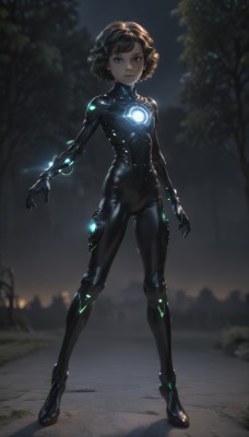 1girl,solo,breasts,looking at viewer,short hair,bangs,brown hair,black hair,brown eyes,closed mouth,standing,full body,braid,small breasts,outdoors,artist name,blurry,tree,lips,bodysuit,night,depth of field,blurry background,glowing,ass visible through thighs,skin tight,forest,science fiction,legs apart,arms at sides,black bodysuit,cyborg,neon trim,black eyes,backlighting,curly hair,android,joints,mechanical arms,robot joints,cyberpunk