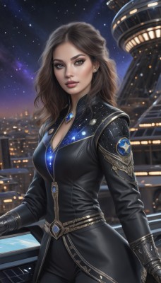 1girl,solo,long hair,breasts,looking at viewer,brown hair,gloves,long sleeves,cleavage,brown eyes,jewelry,medium breasts,standing,cowboy shot,earrings,outdoors,sky,black gloves,belt,pants,lips,makeup,night,watermark,black pants,brooch,building,gem,star (sky),night sky,starry sky,city,realistic,nose,necklace,bodysuit