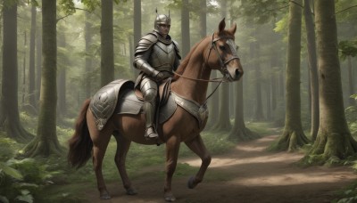 solo,1boy,male focus,boots,outdoors,day,armor,tree,animal,helmet,shoulder armor,gauntlets,nature,scenery,forest,pauldrons,breastplate,realistic,armored boots,riding,greaves,horse,knight,full armor,horseback riding,plate armor,reins,saddle,holding,weapon,horns,cape,holding weapon,sunlight,grass,plant,1other,fantasy,ambiguous gender