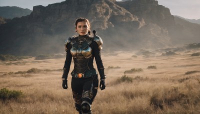 1girl,solo,breasts,looking at viewer,short hair,blue eyes,brown hair,black hair,gloves,jewelry,medium breasts,standing,weapon,earrings,outdoors,black gloves,belt,armor,lips,bodysuit,shoulder armor,walking,breastplate,mountain,black bodysuit,sky,signature,grass,scenery,knee pads