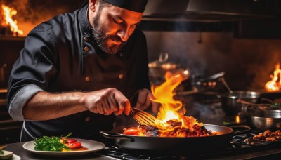 solo,short hair,1boy,hat,holding,jacket,closed eyes,upper body,male focus,food,indoors,blurry,apron,buttons,blurry background,facial hair,fire,knife,beard,plate,sleeves rolled up,cooking,meat,kitchen,frying pan,chef hat,chef,steak,shirt,closed mouth,grey hair,black jacket,black headwear,depth of field,looking down,table,realistic,mustache,old man,sleeves pushed up,tomato,arm hair,onion