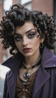 1girl,solo,looking at viewer,shirt,black hair,brown eyes,jewelry,closed mouth,jacket,upper body,earrings,open clothes,choker,dark skin,medium hair,necklace,mole,blurry,dark-skinned female,lips,eyelashes,mole under eye,makeup,blurry background,lipstick,pendant,eyeshadow,freckles,curly hair,hoop earrings,realistic,nose,red lips,purple jacket,afro,mole on cheek,long hair,parted lips,teeth,artist name,collar,thick eyebrows,gem