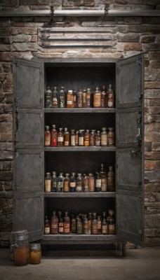 cup,no humans,bottle,scenery,alcohol,stairs,realistic,wall,brick wall,shelf,bar (place),still life,whiskey,indoors,door,glass,jar,barrel,stone wall