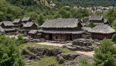 outdoors,day,tree,no humans,traditional media,grass,building,nature,scenery,forest,rock,bush,wall,architecture,house,east asian architecture,path,stone,stone wall