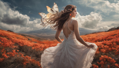 1girl, solo, long hair, brown hair, hair ornament, dress, bare shoulders, jewelry, standing, closed eyes, flower, earrings, outdoors, wings, sky, sleeveless, day, cloud, signature, from behind, white dress, bare arms, profile, floating hair, sleeveless dress, bird, cloudy sky, bug, wind, butterfly, scenery, mountain, backless outfit, realistic, skirt hold, backless dress, field, flower field