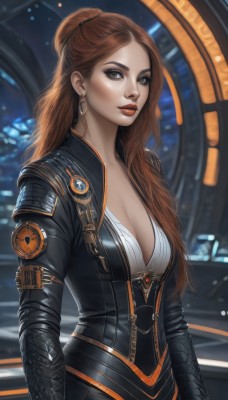 1girl,solo,long hair,breasts,looking at viewer,large breasts,brown hair,cleavage,brown eyes,jewelry,medium breasts,ponytail,earrings,hair bun,blurry,lips,bodysuit,makeup,blurry background,lipstick,zipper,red lips,closed mouth,jacket,upper body,black jacket,science fiction,realistic,nose,leather