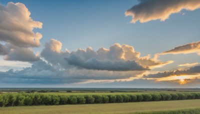 outdoors,sky,day,cloud,water,tree,blue sky,no humans,sunlight,cloudy sky,grass,nature,scenery,forest,sunset,sun,horizon,field,landscape