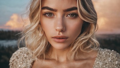 1girl,solo,long hair,looking at viewer,blonde hair,brown hair,brown eyes,closed mouth,collarbone,outdoors,sky,cloud,medium hair,blurry,lips,eyelashes,depth of field,blurry background,thick eyebrows,portrait,close-up,realistic,nose,wavy hair