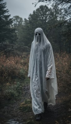 solo,looking at viewer,long sleeves,1boy,standing,full body,male focus,outdoors,day,black footwear,blurry,tree,no humans,mask,grass,nature,cloak,1other,forest,walking,robe,gloves,boots,sleeves past wrists,colored skin,facing viewer,monster,ghost,horror (theme)