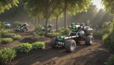 weapon,outdoors,day,tree,gun,military,no humans,sunlight,grass,plant,robot,ground vehicle,nature,scenery,mecha,motor vehicle,forest,science fiction,light rays,realistic,road,bush,sunbeam,motorcycle,non-humanoid robot,cannon