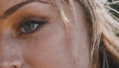 1girl,solo,looking at viewer,1boy,brown eyes,white hair,male focus,lips,eyelashes,portrait,close-up,realistic,eye focus,green eyes,blurry,freckles