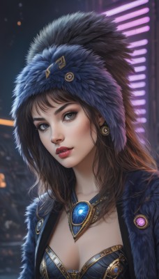 1girl,solo,long hair,breasts,looking at viewer,bangs,blue eyes,brown hair,hat,cleavage,brown eyes,jewelry,medium breasts,upper body,earrings,parted lips,necklace,blurry,lips,grey eyes,fur trim,eyelashes,makeup,blurry background,heterochromia,feathers,lipstick,brooch,gem,realistic,nose,red lips,artist name,signature,depth of field,eyeshadow,fur collar,headdress