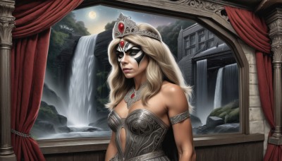 1girl,solo,long hair,breasts,blonde hair,dress,cleavage,bare shoulders,jewelry,medium breasts,upper body,sky,dark skin,water,necklace,dark-skinned female,tree,lips,window,strapless,makeup,mask,night,moon,tiara,curtains,gem,full moon,armlet,pillar,waterfall,armor,star (sky),night sky,starry sky,rock,bustier