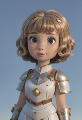 1girl,solo,looking at viewer,smile,short hair,bangs,simple background,brown hair,hair ornament,dress,brown eyes,closed mouth,upper body,sleeveless,hairclip,belt,white dress,armor,flat chest,lips,gradient,gradient background,blue background,shoulder armor,gauntlets,child,freckles,curly hair,pauldrons,breastplate,arms at sides,female child,blush,eyelashes,gem,realistic