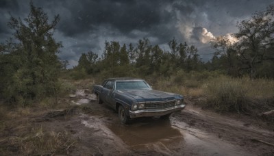 outdoors,sky,cloud,tree,no humans,cloudy sky,grass,ground vehicle,nature,scenery,motor vehicle,forest,car,road,vehicle focus,grey sky,rain,sports car