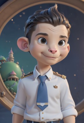 solo,looking at viewer,smile,short hair,brown hair,shirt,black hair,1boy,brown eyes,closed mouth,school uniform,white shirt,upper body,short sleeves,male focus,necktie,collared shirt,belt,uniform,child,blue necktie,male child,badge,animal ears,artist name,sleeves rolled up,realistic,castle