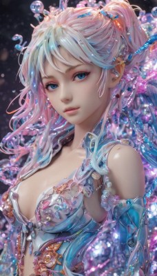 1girl,solo,long hair,breasts,looking at viewer,bangs,blue eyes,hair ornament,navel,cleavage,bare shoulders,jewelry,medium breasts,closed mouth,collarbone,upper body,ponytail,pink hair,multicolored hair,earrings,detached sleeves,lips,eyelashes,gradient hair,makeup,gem,bubble,crystal,center opening,blue hair,white hair,artist name,armor,watermark,piercing,realistic,nose,pearl (gemstone)