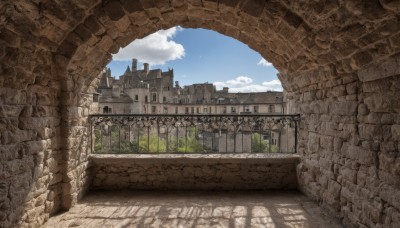 outdoors,sky,day,cloud,tree,blue sky,no humans,window,shadow,sunlight,cloudy sky,building,scenery,stairs,city,fence,railing,wall,ruins,bridge,arch,fantasy,architecture,brick wall,pillar,castle,gate,column,stone wall