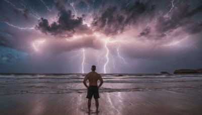 solo, short hair, 1boy, male focus, outdoors, sky, shorts, cloud, from behind, muscular, night, ocean, beach, cloudy sky, muscular male, scenery, bara, topless male, hands on hips, sand, lightning