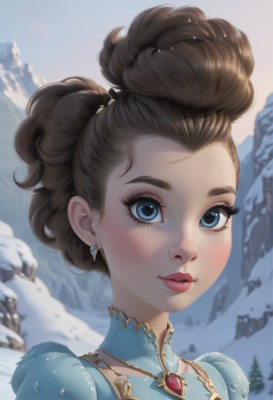 1girl,solo,looking at viewer,blush,smile,short hair,blue eyes,brown hair,dress,jewelry,earrings,outdoors,parted lips,sky,day,artist name,necklace,hair bun,blurry,lips,eyelashes,makeup,blurry background,blue dress,brooch,gem,portrait,snow,freckles,mountain,winter,hair pulled back,upper body,puffy sleeves,tree,single hair bun,lipstick,eyeshadow,red lips,eyeliner,updo