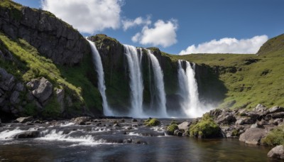 outdoors,sky,day,cloud,water,tree,blue sky,no humans,cloudy sky,nature,scenery,rock,mountain,river,waterfall,landscape,cliff,moss,grass