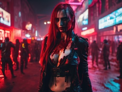 1girl,solo,long hair,breasts,looking at viewer,navel,cleavage,medium breasts,underwear,jacket,red hair,outdoors,open clothes,solo focus,midriff,belt,bra,blurry,open jacket,lips,black jacket,blood,blurry background,blood on face,city,realistic,blood on clothes,leather,death,leather jacket,cyberpunk,neon lights,large breasts,swimsuit,bikini,torn clothes,night,bikini top only,cropped jacket,crowd