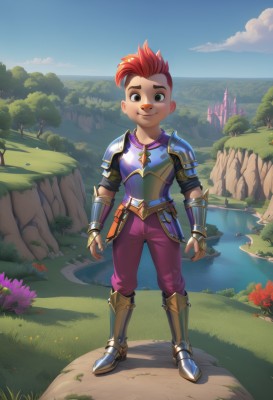 solo,looking at viewer,smile,short hair,1boy,brown eyes,jewelry,closed mouth,standing,full body,weapon,flower,male focus,red hair,boots,outdoors,sky,day,pants,sword,cloud,water,necklace,armor,tree,blue sky,grass,shoulder armor,gauntlets,nature,pauldrons,rock,armored boots,greaves,river,1girl,aged down,child,freckles,very short hair,tomboy,lake,mohawk,cliff