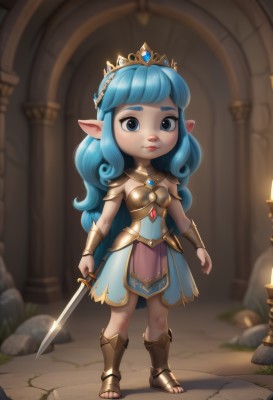 1girl,solo,long hair,looking at viewer,bangs,blue eyes,dress,holding,jewelry,closed mouth,blue hair,standing,full body,weapon,pointy ears,sword,artist name,holding weapon,armor,blurry,blurry background,holding sword,sandals,thick eyebrows,tiara,lips,aged down,crown,rock