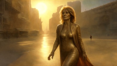 HQ,1girl,solo,long hair,breasts,blue eyes,blonde hair,jewelry,medium breasts,standing,earrings,outdoors,open clothes,solo focus,signature,lips,bodysuit,sunlight,building,backlighting,walking,science fiction,sunset,city,realistic,sun,short hair,1boy,dress,cleavage,sky,scenery,road,street