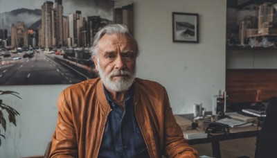 solo,looking at viewer,blue eyes,shirt,1boy,closed mouth,jacket,upper body,white hair,grey hair,male focus,outdoors,open clothes,collared shirt,indoors,open jacket,black shirt,facial hair,scar,parody,table,blue shirt,ground vehicle,building,motor vehicle,beard,scar on face,brown jacket,city,realistic,mustache,car,cityscape,old,old man,orange jacket,photo background,wrinkled skin,sitting,coat,grey eyes,chair,plant,manly,photo (object)