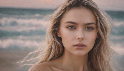 1girl,solo,long hair,looking at viewer,blonde hair,brown hair,brown eyes,collarbone,outdoors,parted lips,sky,teeth,day,cloud,blurry,lips,grey eyes,blurry background,ocean,beach,portrait,forehead,freckles,realistic,nose,eyelashes,depth of field,cloudy sky,close-up,straight-on