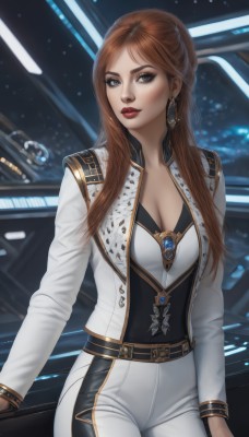 1girl,solo,long hair,breasts,looking at viewer,brown hair,gloves,long sleeves,cleavage,brown eyes,jewelry,medium breasts,jacket,earrings,open clothes,belt,pants,open jacket,lips,grey eyes,makeup,white jacket,lipstick,gem,realistic,white pants,nose,red lips,bangs,shirt,standing,cowboy shot,artist name,parted bangs,tight pants