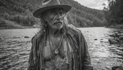 solo,long hair,1boy,hat,jewelry,closed mouth,nipples,jacket,monochrome,upper body,greyscale,male focus,outdoors,open clothes,necklace,blurry,open jacket,coat,blurry background,facial hair,scar,pectorals,facing viewer,beard,realistic,mustache,river,cowboy hat,looking at viewer,earrings,open shirt,muscular,abs,muscular male,nature,scar on face,scar across eye,manly,bare pectorals