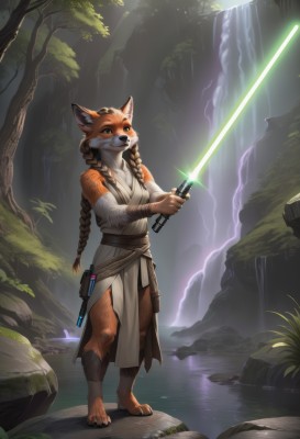 1girl,solo,long hair,breasts,brown hair,holding,animal ears,medium breasts,green eyes,standing,tail,full body,weapon,braid,outdoors,barefoot,belt,sword,artist name,water,holding weapon,twin braids,tree,bandages,holding sword,looking up,plant,sheath,nature,furry,forest,rock,furry female,body fur,animal nose,waterfall,snout,glowing weapon,energy sword,lightsaber,blue eyes,bare shoulders,small breasts,day,signature,animal ear fluff,sash,fox ears,fox tail,sunlight,grass,fox girl,freckles,science fiction,dual wielding,pouch,light rays,bandaged arm,fantasy,white fur,river,brown fur,moss,glowing sword,pond,orange fur,ankle wrap