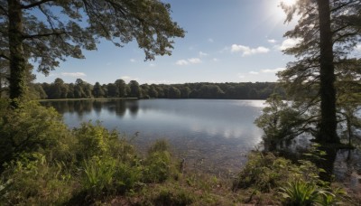 outdoors,sky,day,cloud,water,tree,blue sky,no humans,sunlight,cloudy sky,grass,plant,nature,scenery,forest,reflection,mountain,sun,river,landscape,lake