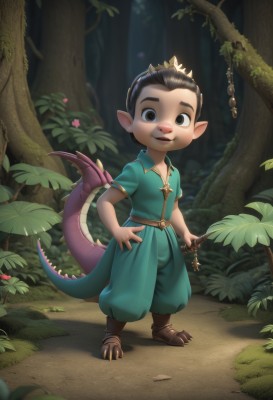 solo,looking at viewer,smile,open mouth,brown hair,black hair,1boy,holding,brown eyes,standing,tail,full body,weapon,short sleeves,male focus,outdoors,pointy ears,pants,sword,holding weapon,black eyes,tree,hand on hip,thick eyebrows,crown,child,nature,forest,dragon tail,male child,short hair,shirt,leaf,claws,hair slicked back